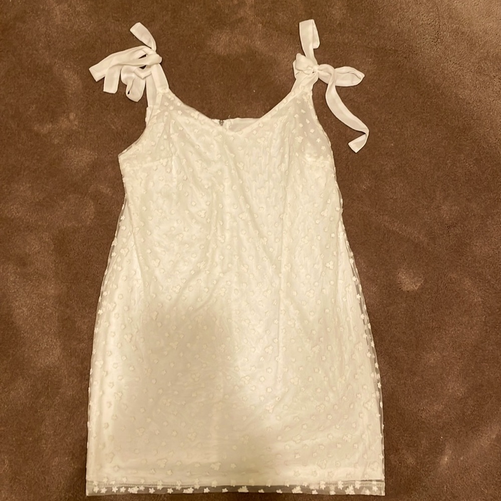 White ribbon cocktail dress! Worn once saying “yes to the dress!”